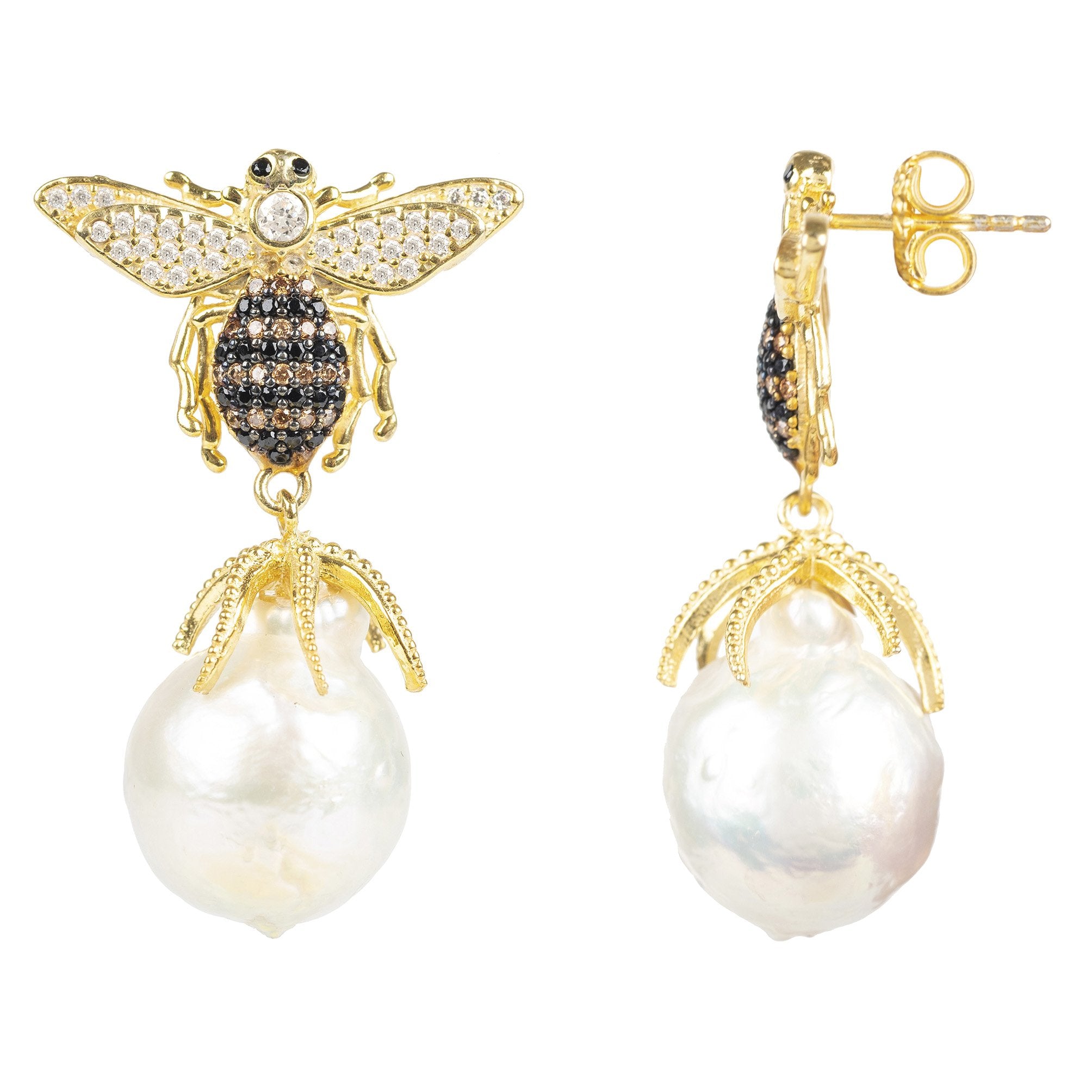 Baroque Pearl Honey Bee Drop Earring Gold