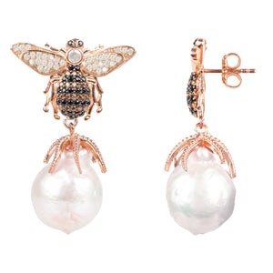 Baroque Pearl Honey Bee Drop Earrings Rosegold