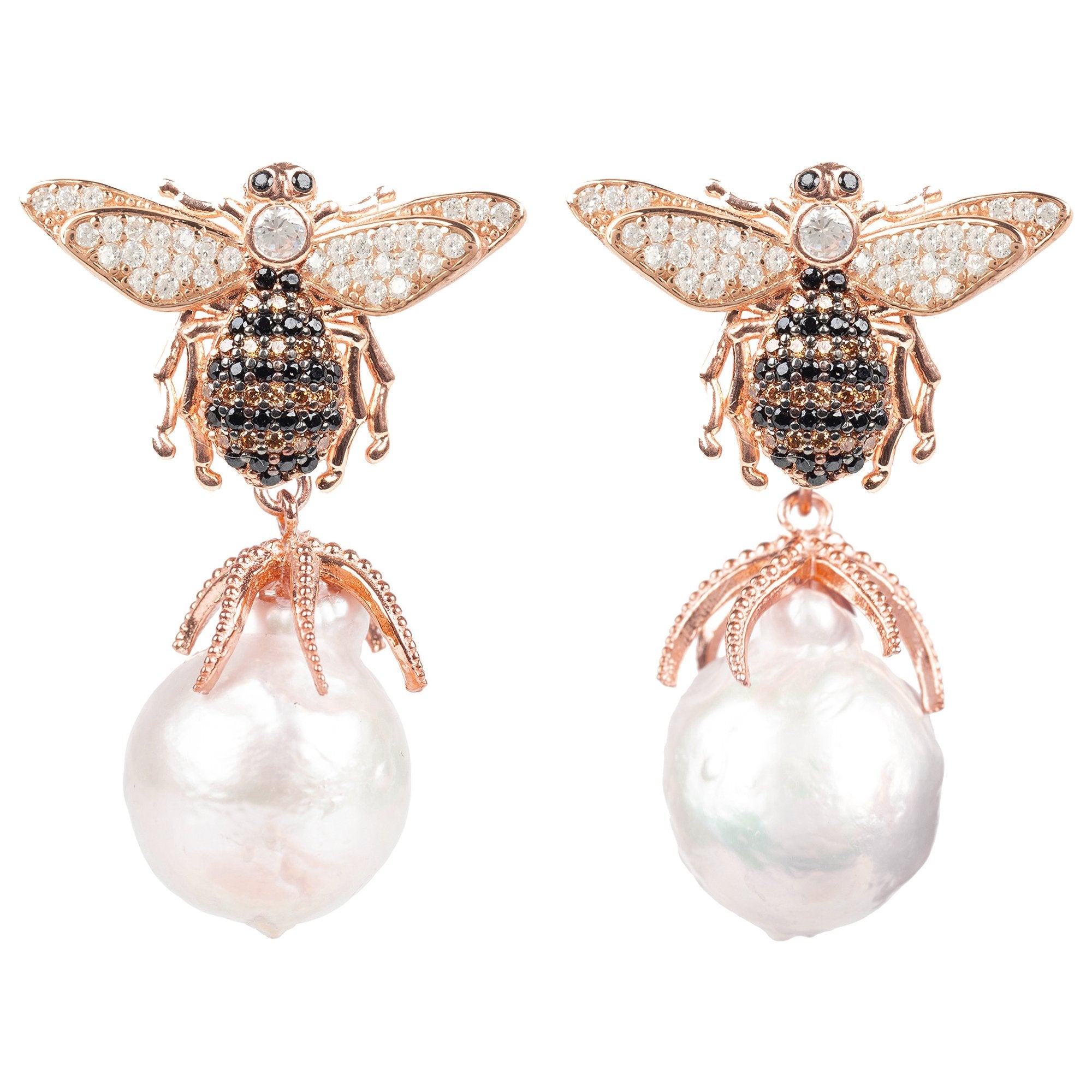 Baroque Pearl Honey Bee Drop Earrings Rosegold