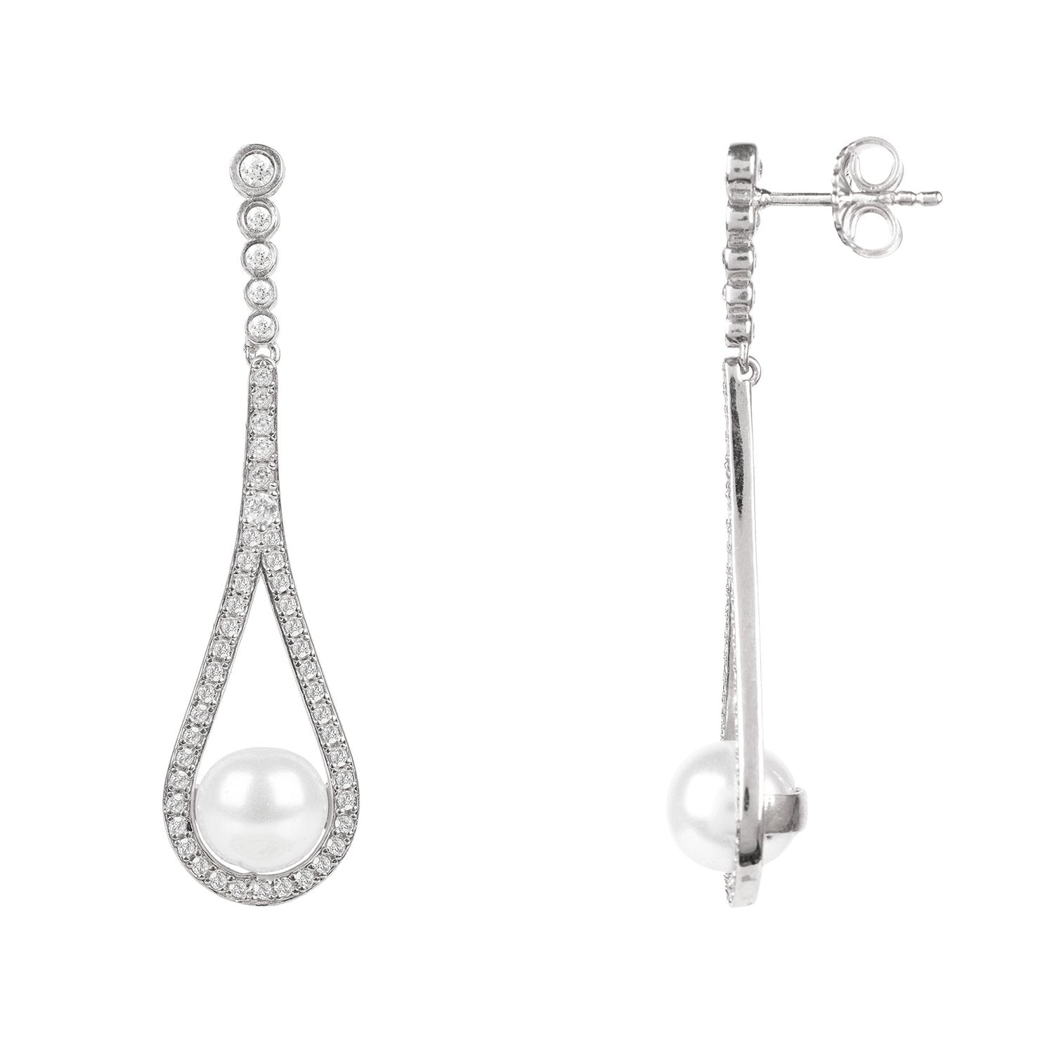 Cradled Pearl Drop Earrings Silver