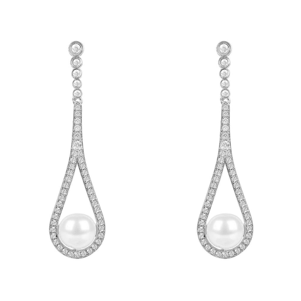 Cradled Pearl Drop Earrings Silver