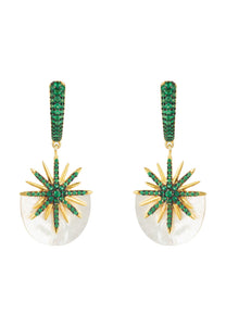 Sunburst White Mother of Pearl Earrings Emerald Green Gold