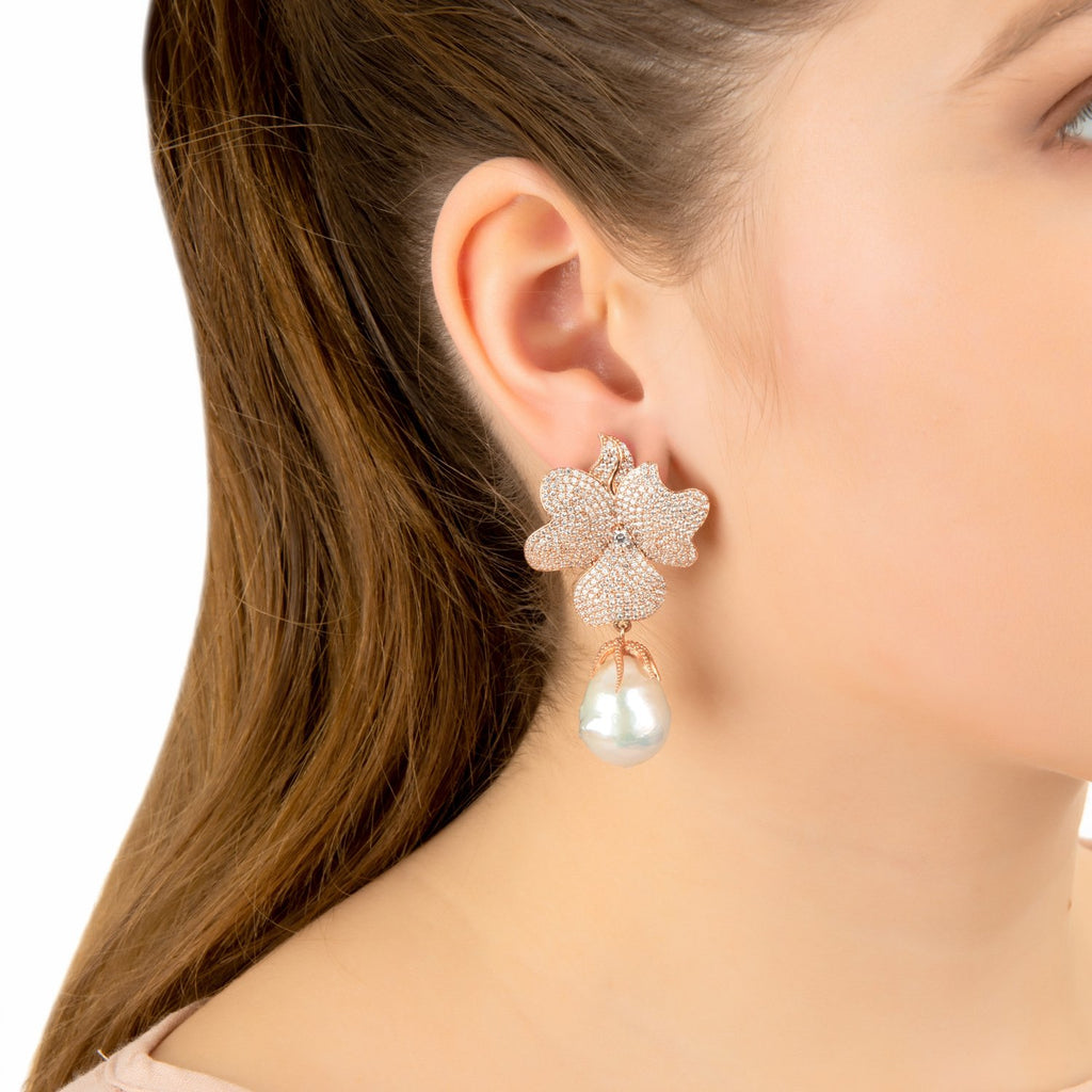 Baroque Pearl White Flower  Drop Earrings Rosegold