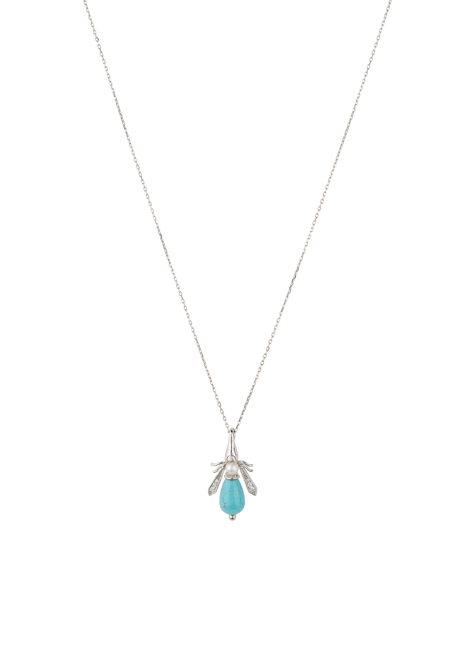 Turquoise & Pearl Honey Bee Necklace Silver