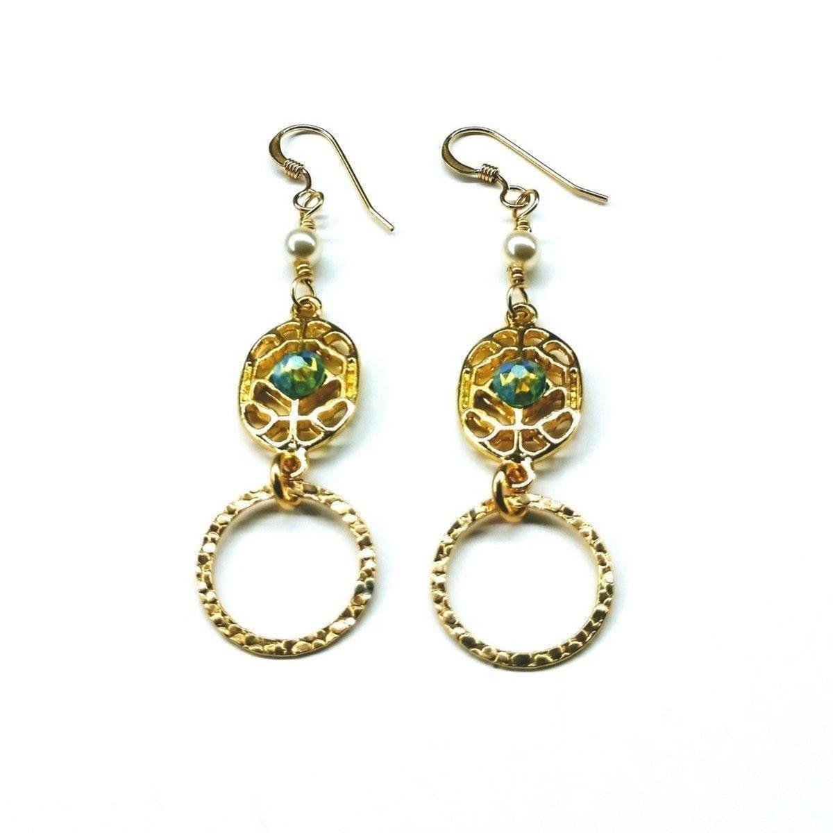 14 KT Gold Filled Green Crystal Open Circle Earrings