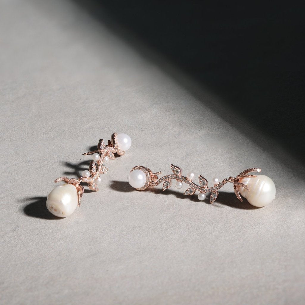 Baroque Pearl Trailing Flowers Earrings Rosegold