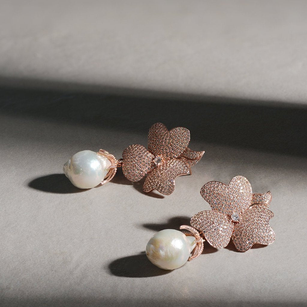 Baroque Pearl White Flower  Drop Earrings Rosegold