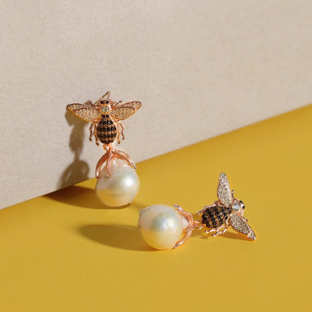 Baroque Pearl Honey Bee Drop Earrings Rosegold