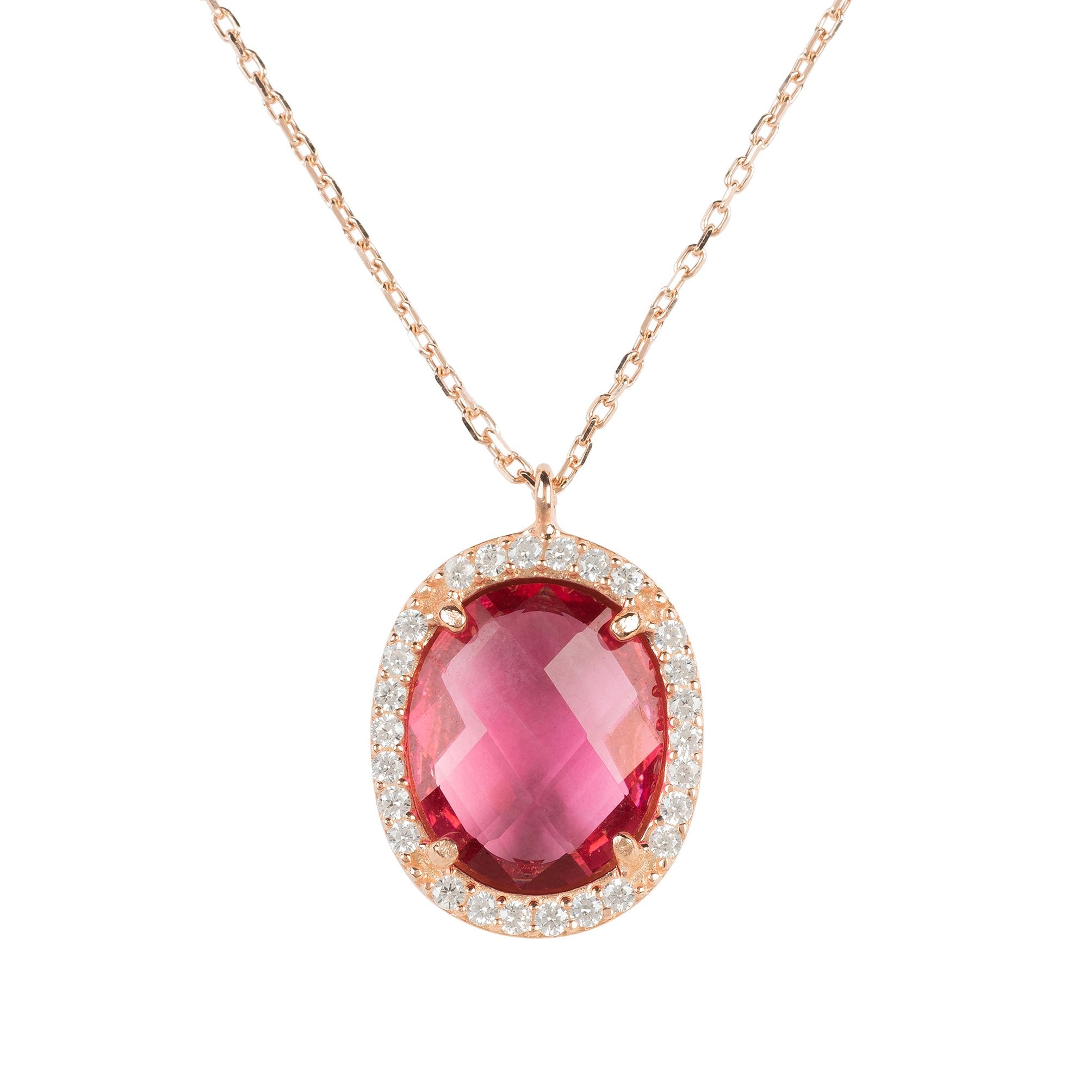 Beatrice Oval Gemstone Pendant Necklace Rose Gold Pink Tourmaline