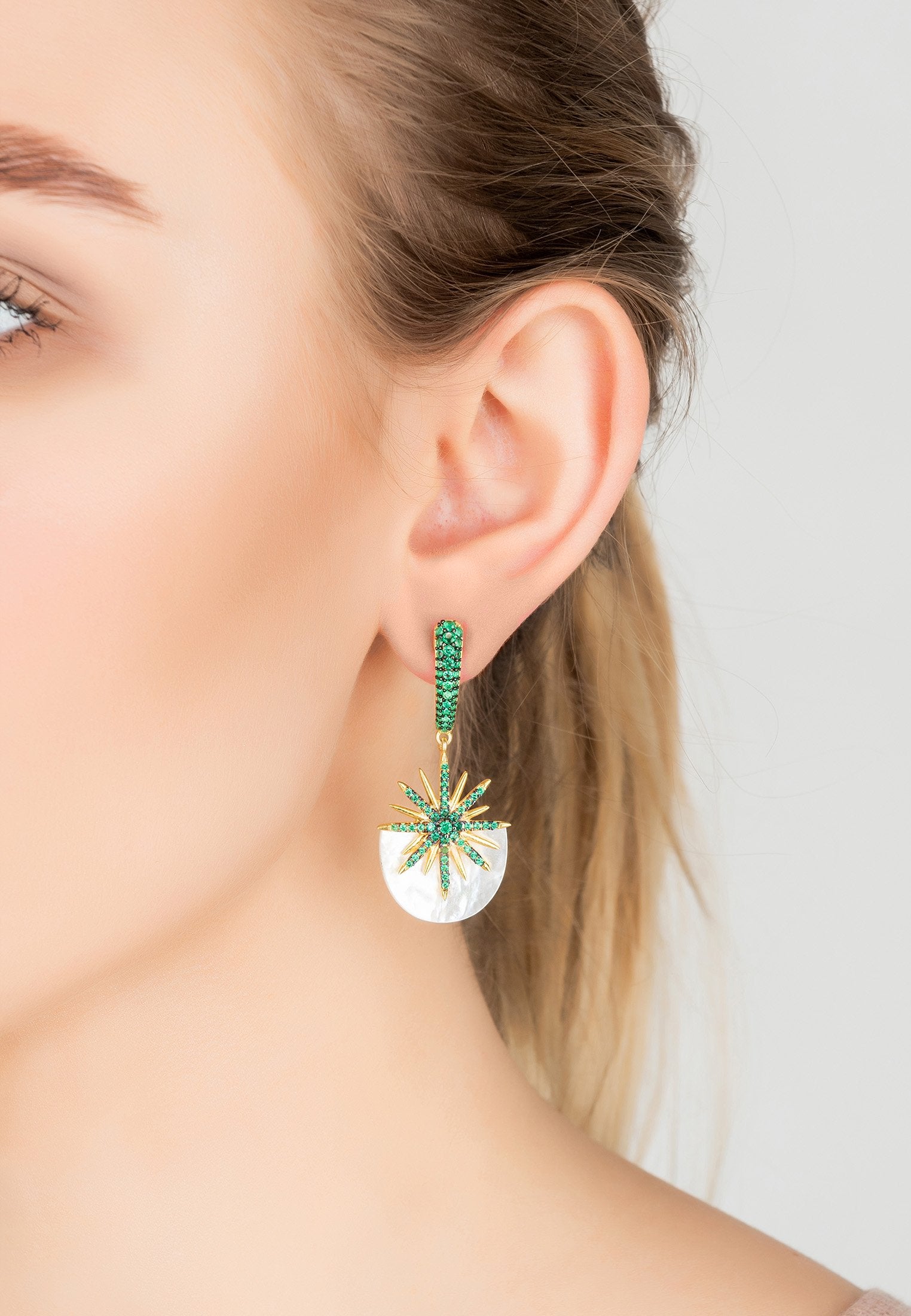 Sunburst White Mother of Pearl Earrings Emerald Green Gold