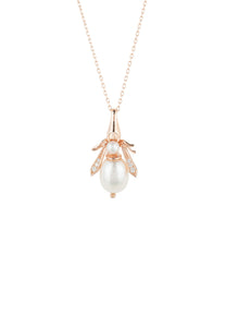 Pearl Gemstone Bee Pendant Necklace Rose Gold