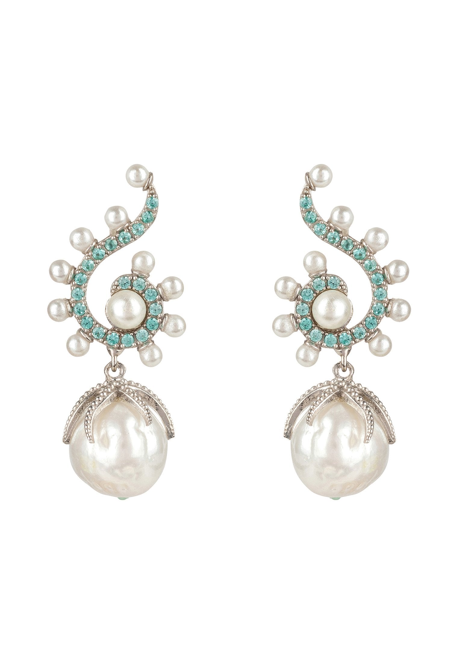 Baroque Pearl Poseidon Gemstone Drop Earrings Aqua  Silver