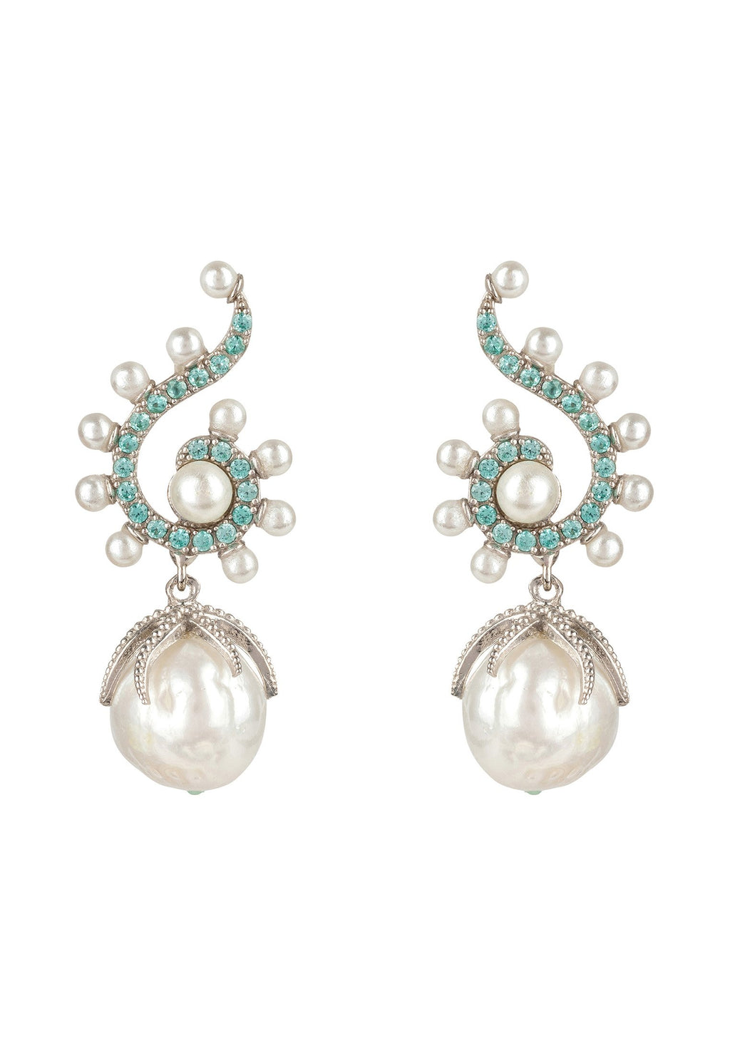 Baroque Pearl Poseidon Gemstone Drop Earrings Aqua  Silver