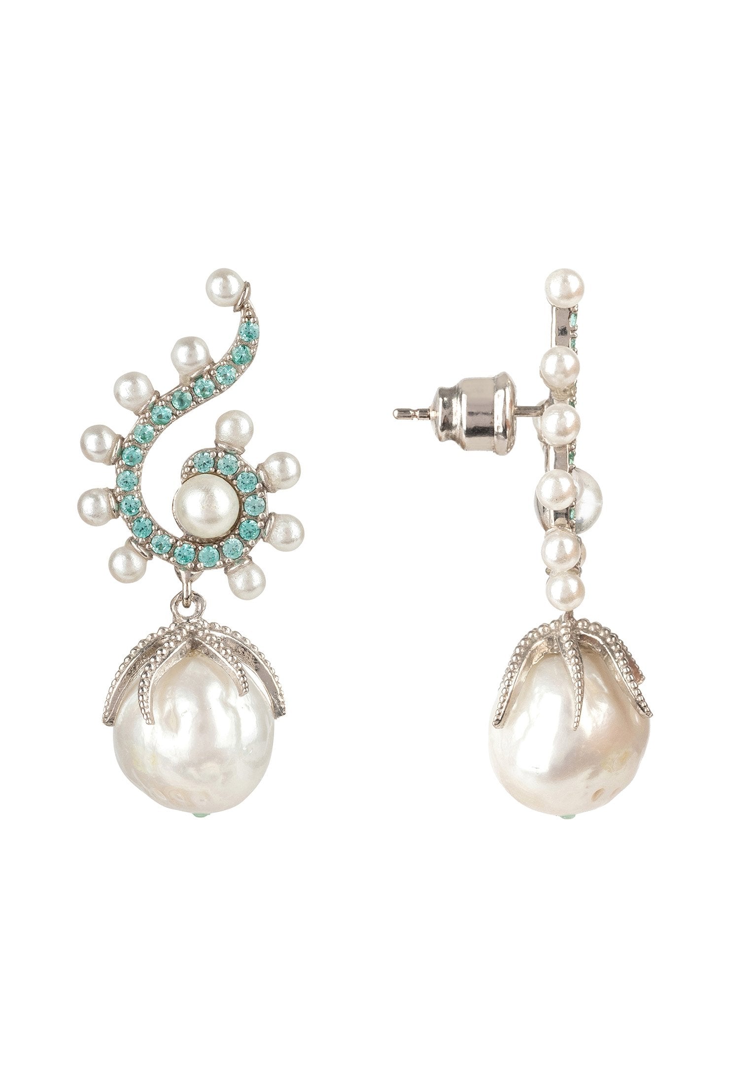 Baroque Pearl Poseidon Gemstone Drop Earrings Aqua  Silver