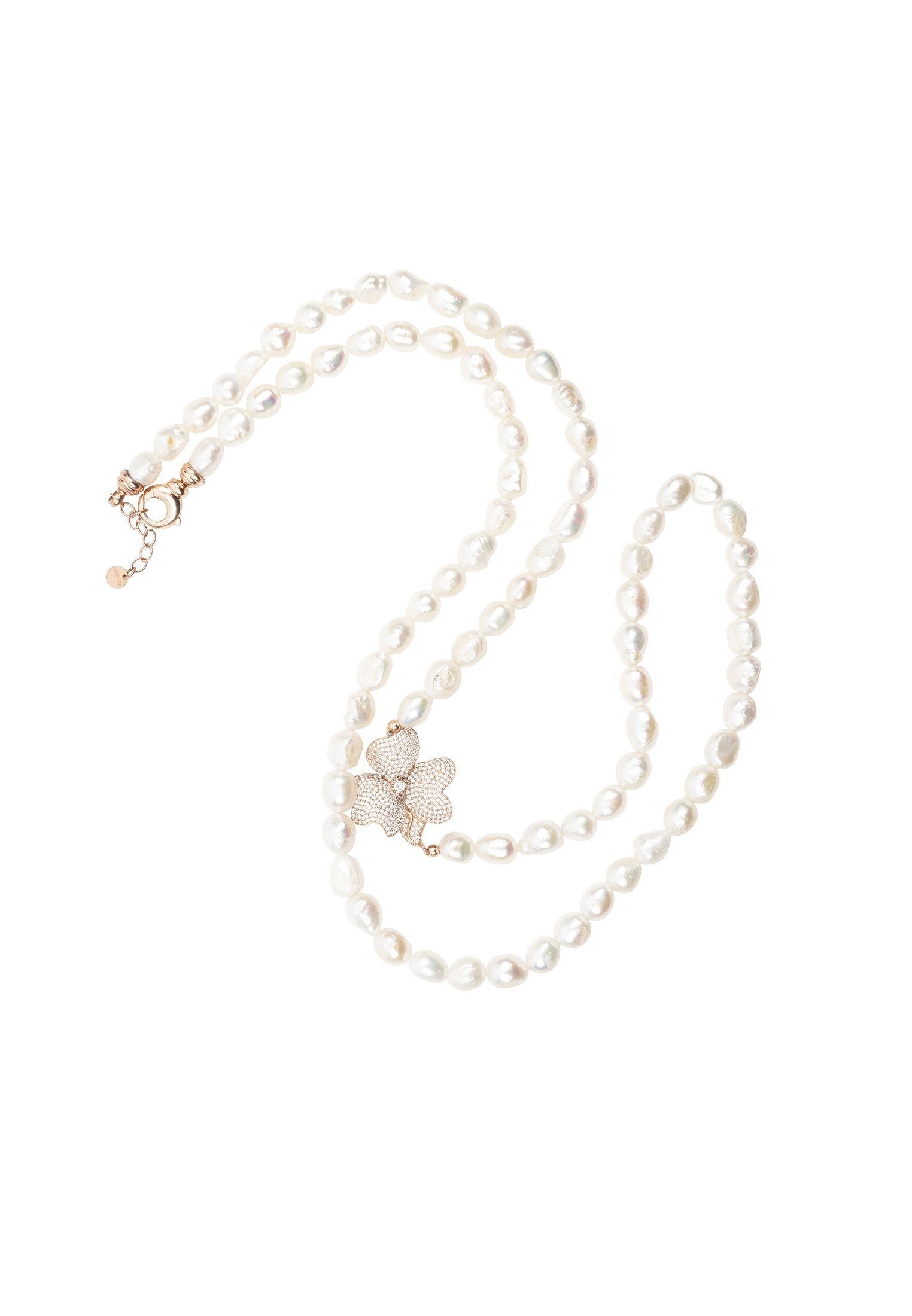 Flower Pearl Gemstone Long Necklace White CZ Rosegold