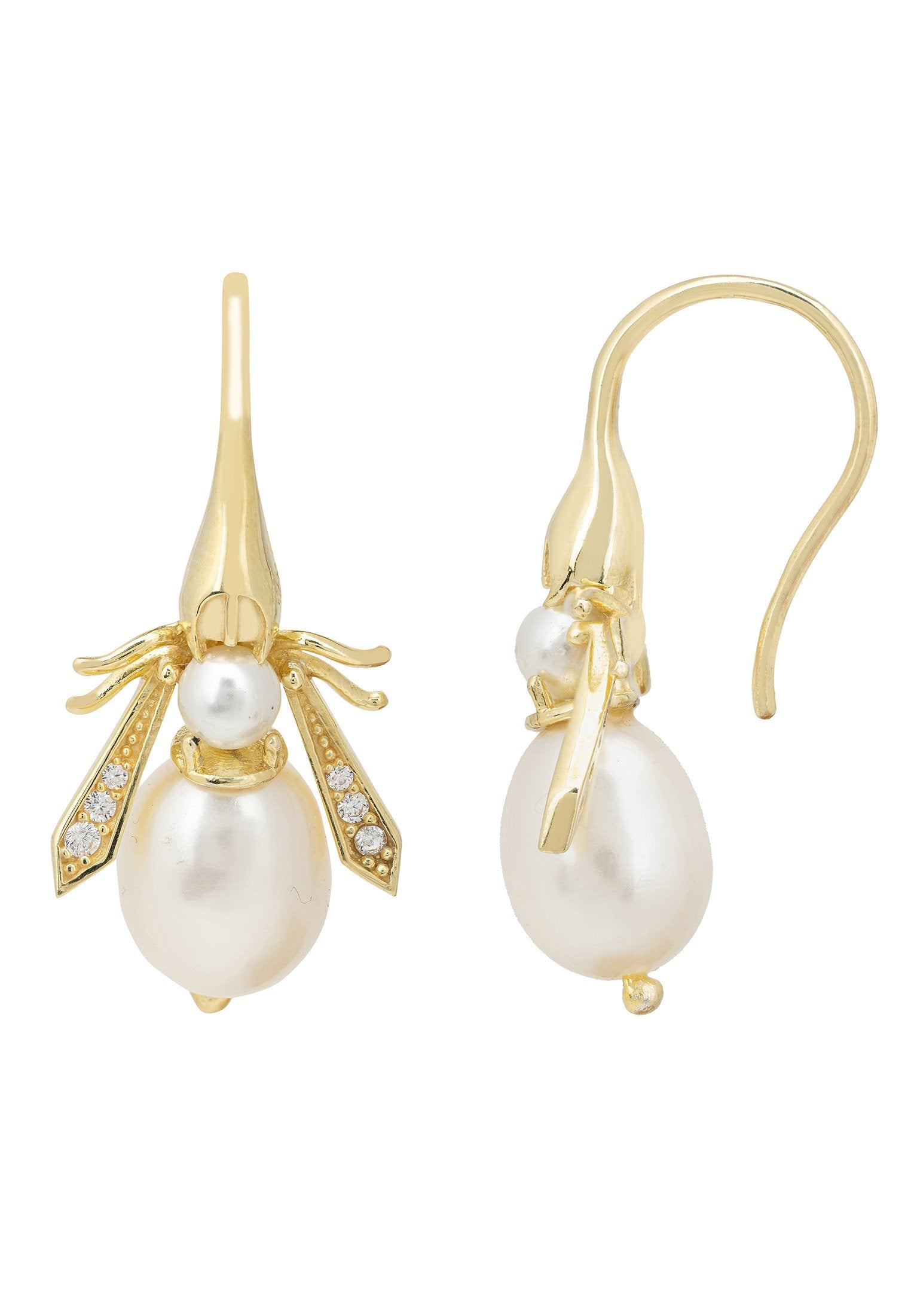 Pearl Honey Bee Earrings Gold