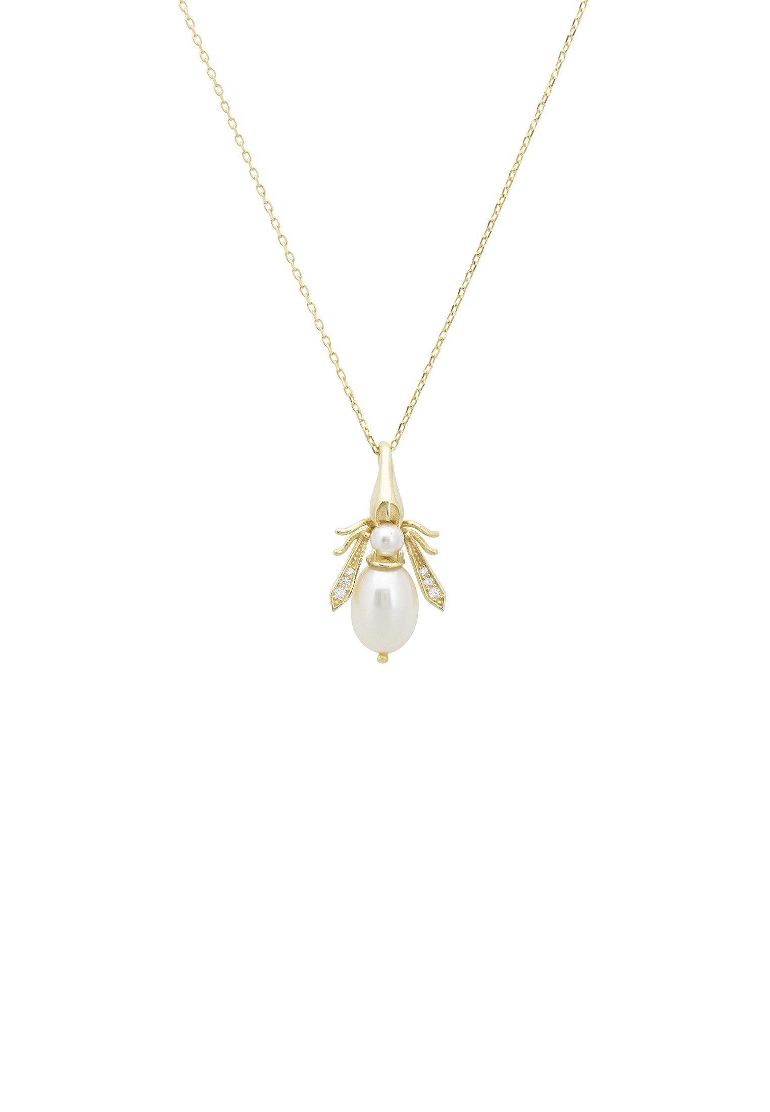 Pearl Gemstone Bee Pendant Necklace Gold