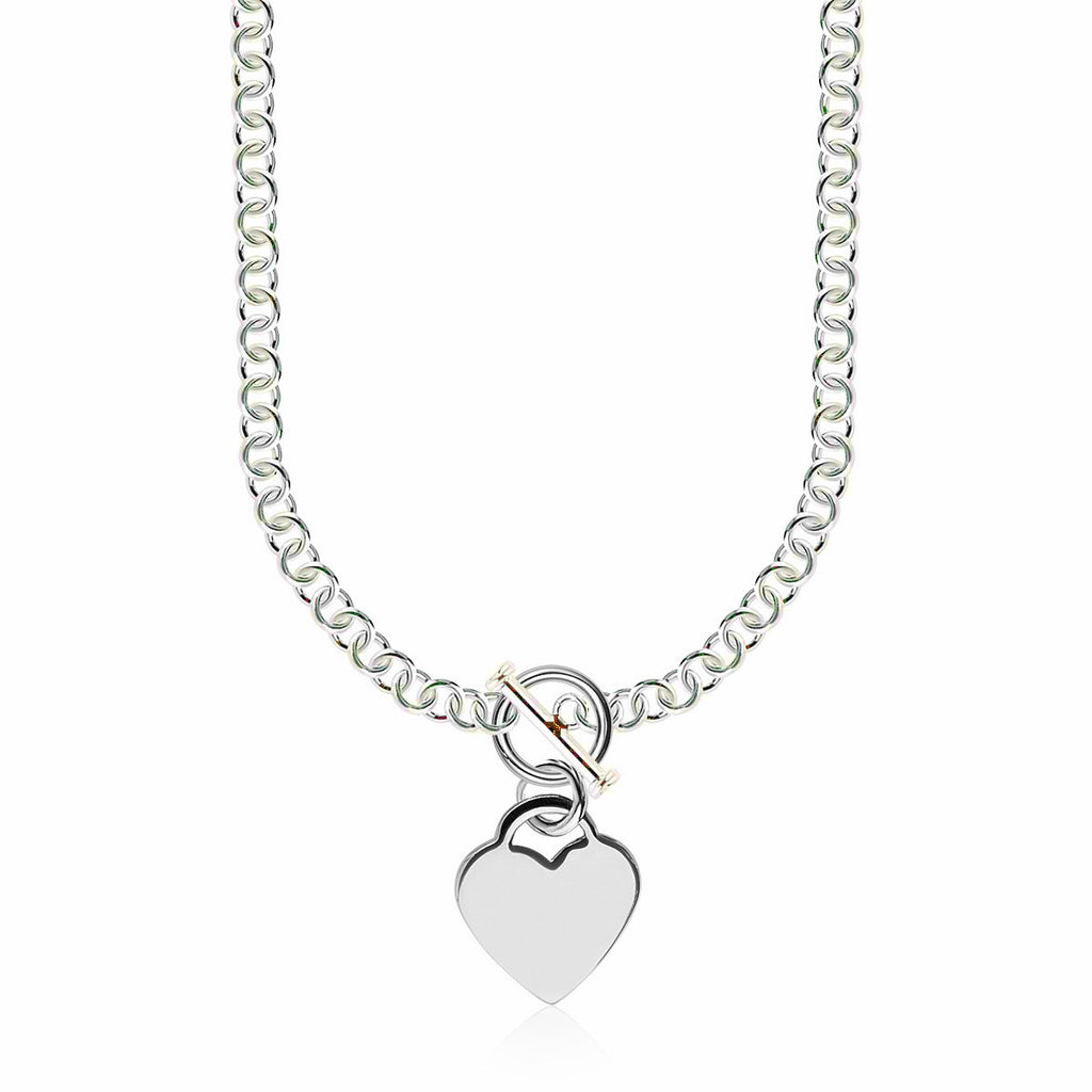 Sterling Silver Rhodium Plated Rolo Chain Necklace with a Heart Toggle Charm