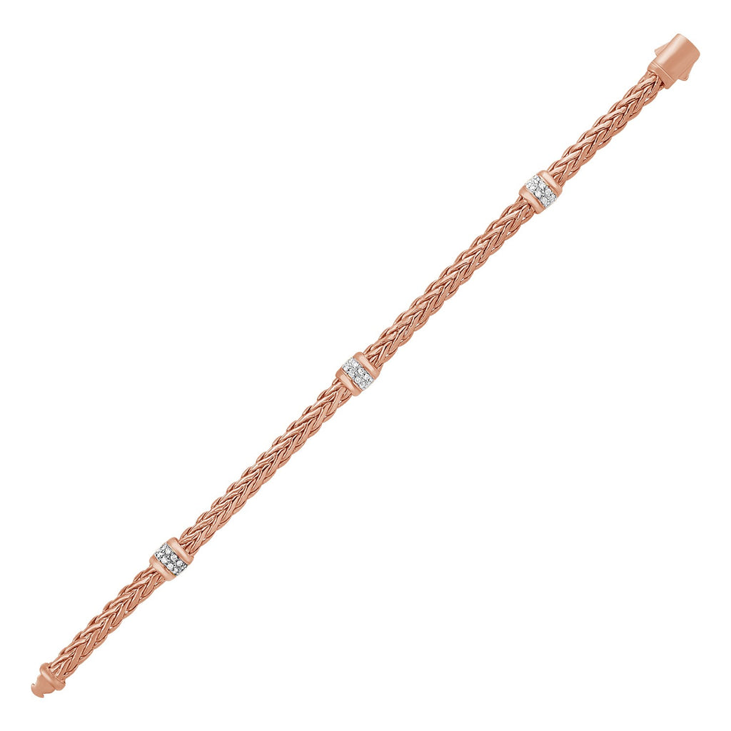 Polished Woven Rope Bracelet with Diamond Accents in 14k Rose Gold