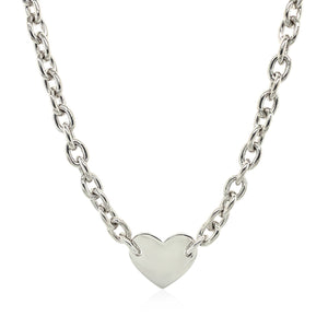 Sterling Silver Rhodium Plated Chain Bracelet with a Flat Heart Motif Station