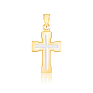 14k Two-Tone Gold Dual Cross Design Pendant with Block Ends