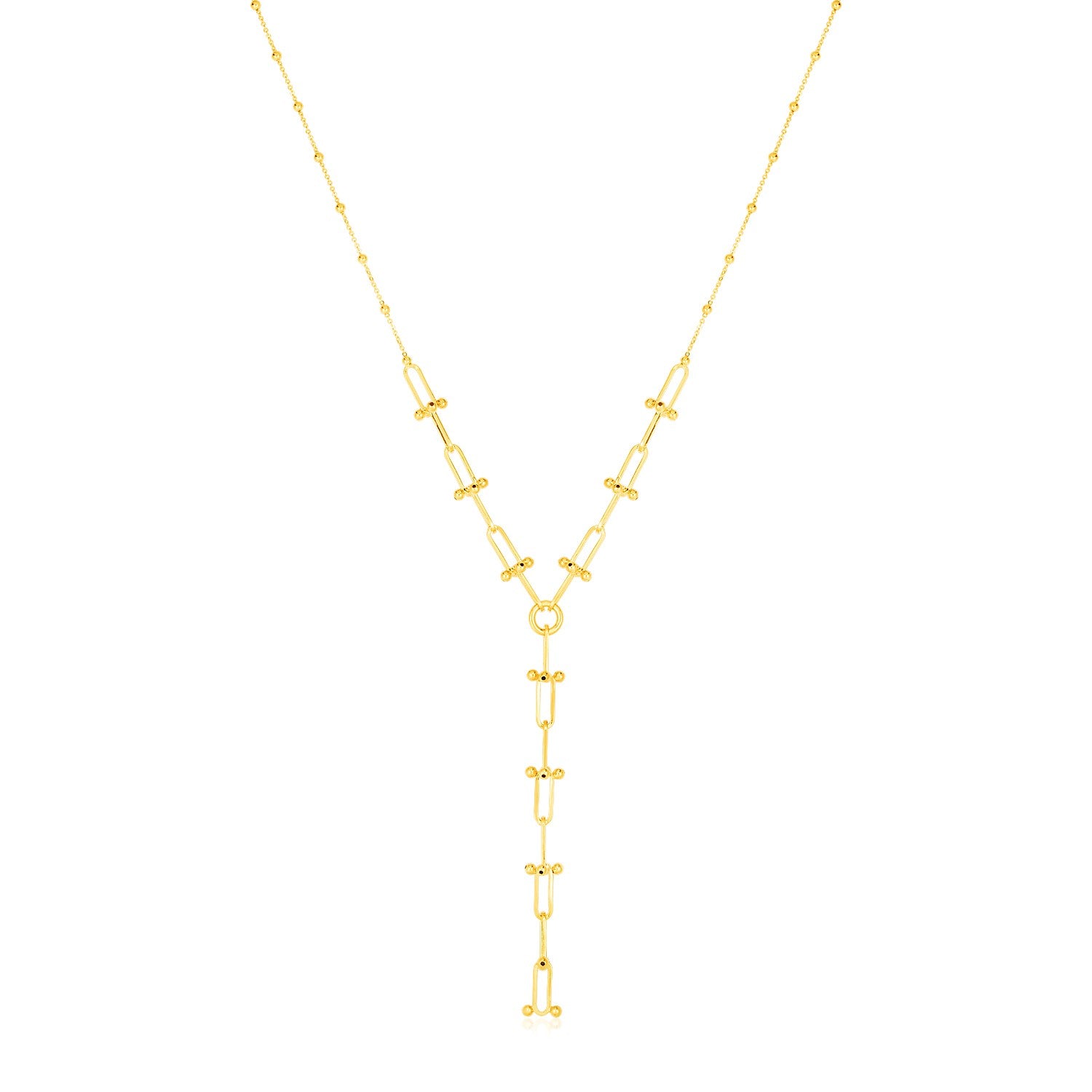 14k Yellow Gold Beaded U Link Chain Lariat Necklace