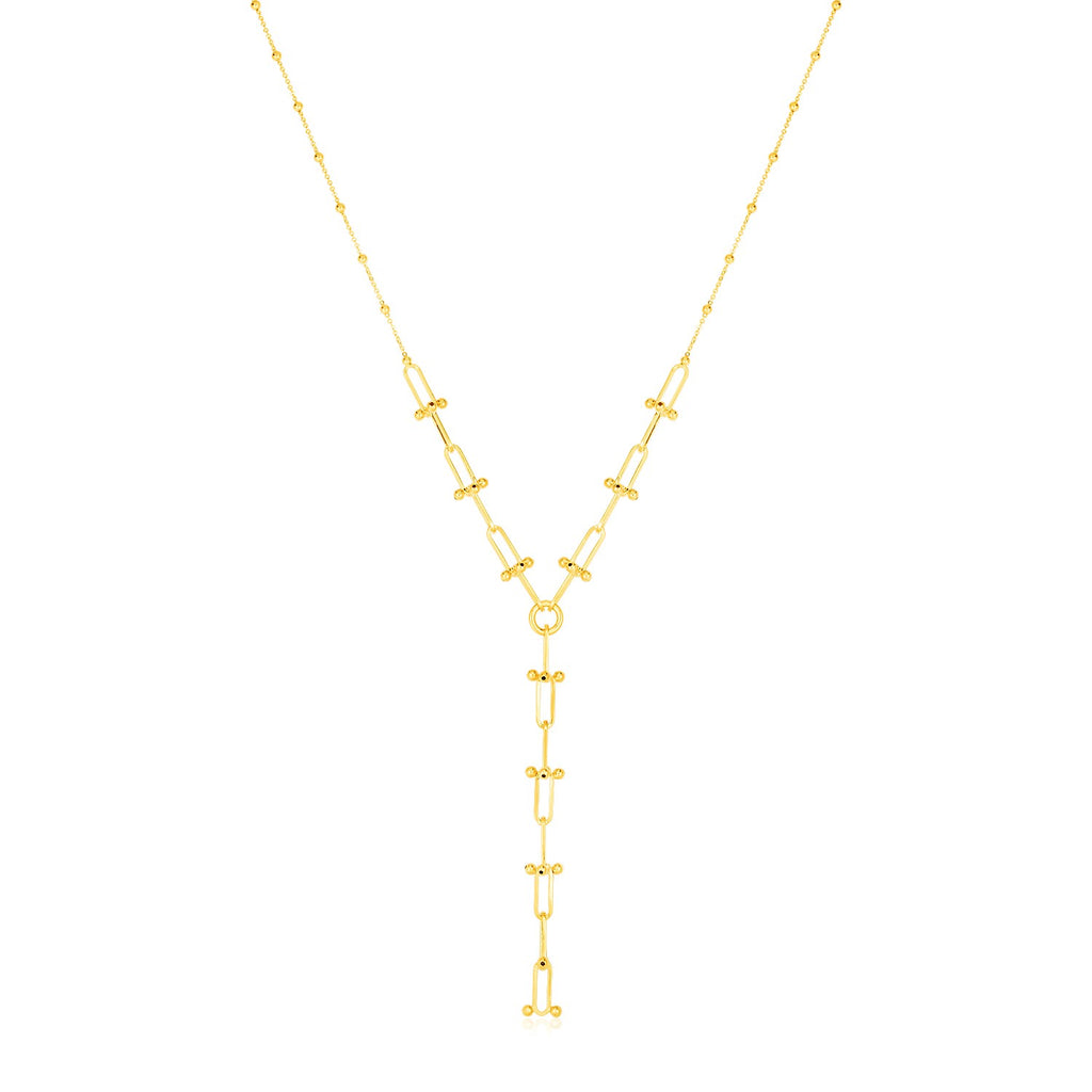 14k Yellow Gold Beaded U Link Chain Lariat Necklace