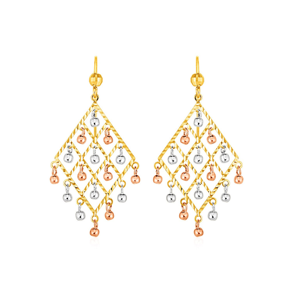 Textured Chandelier Earrings with Ball Drops in 14k Tri Color Gold