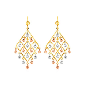 Textured Chandelier Earrings with Ball Drops in 14k Tri Color Gold