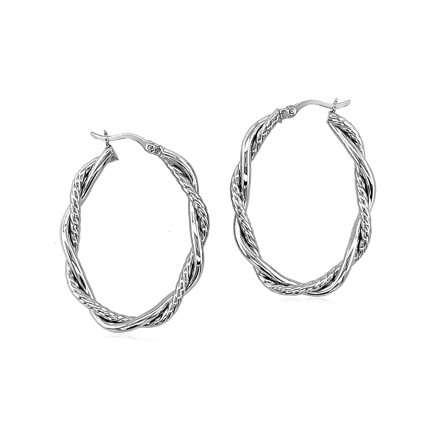 Sterling Silver Oval Hoop Braided Diamond Cut Earrings