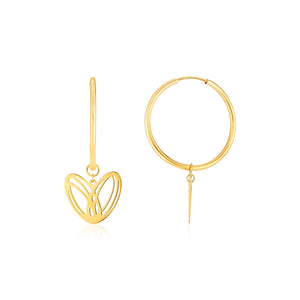 14K Yellow Gold Loopy Heart Charm Drop Hoop Earrings