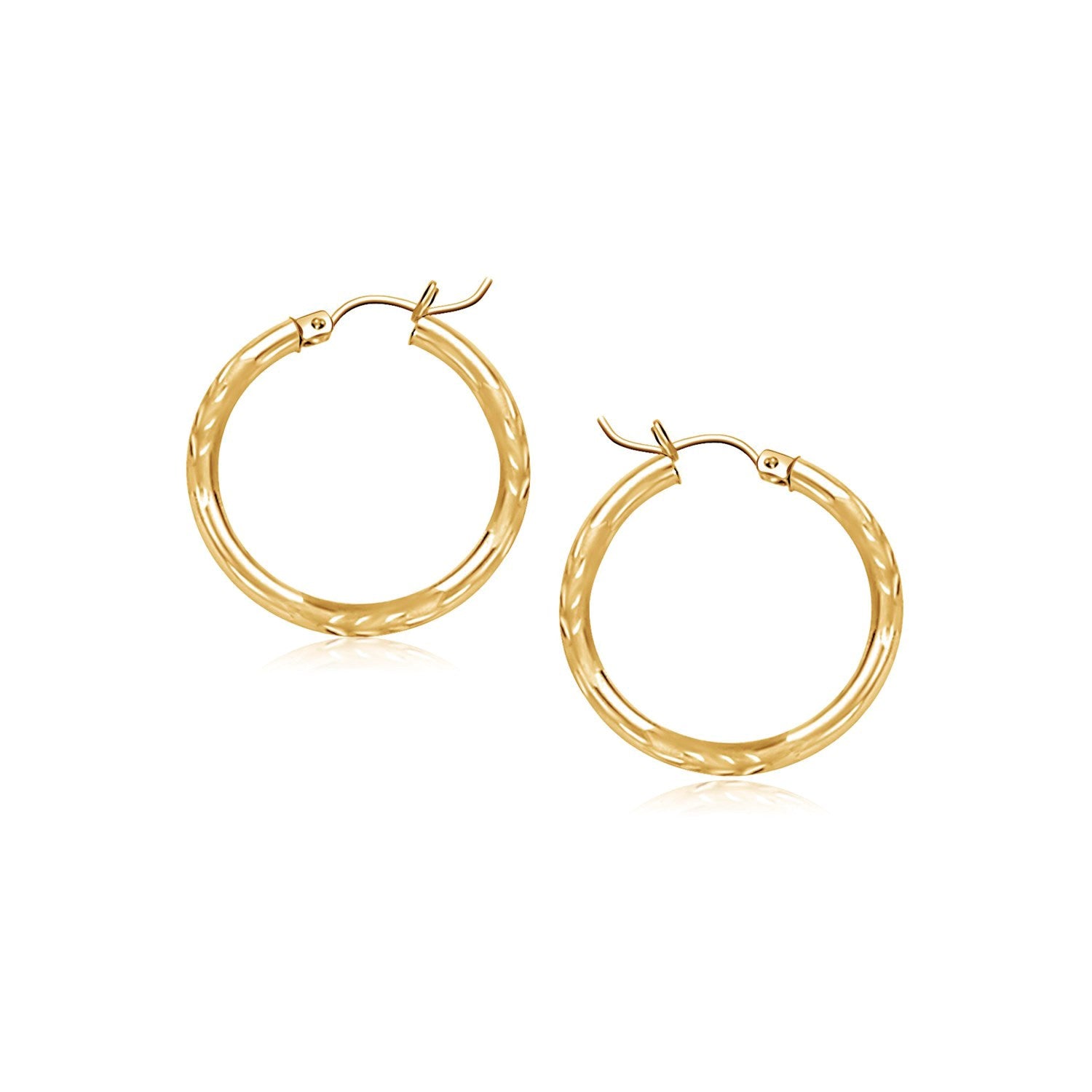 14k Yellow Gold Fancy Diamond Cut Slender Small Hoop Earrings (15mm Diameter)