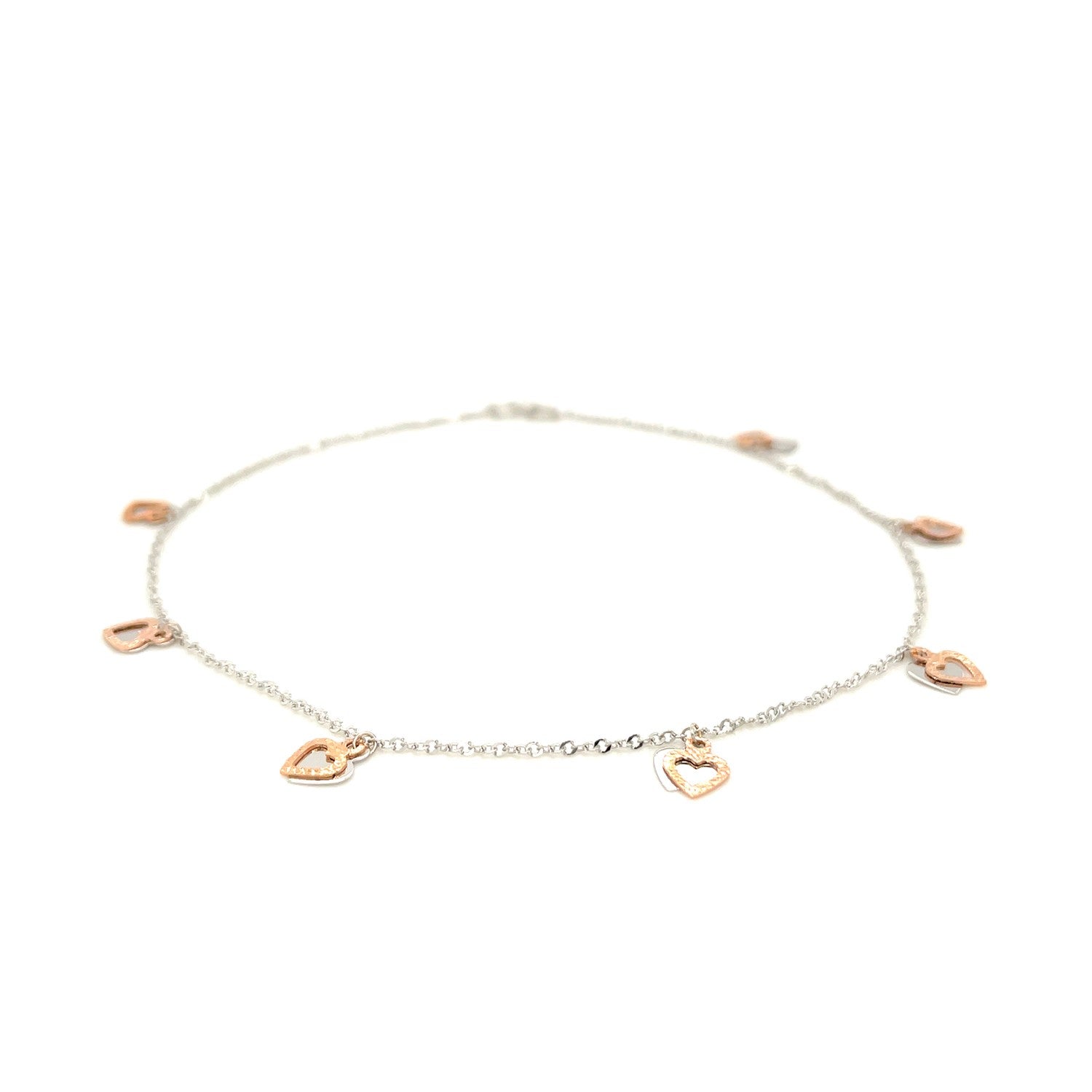 14k White and Rose Gold Anklet with Dual Heart Charms