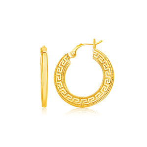 14k Yellow Gold Greek Key Medium Hoop Earrings with Flat Sides