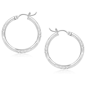 14k White Gold Diamond Cut Hoop Earrings (25 mm)