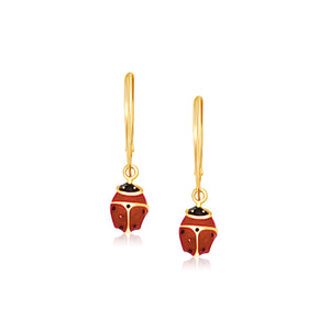 14k Yellow Gold Petite Enamel Lady Bug Drop Earrings