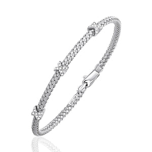 Basket Weave Bangle with Cross Diamond Accents in 14k White Gold (4.0mm)