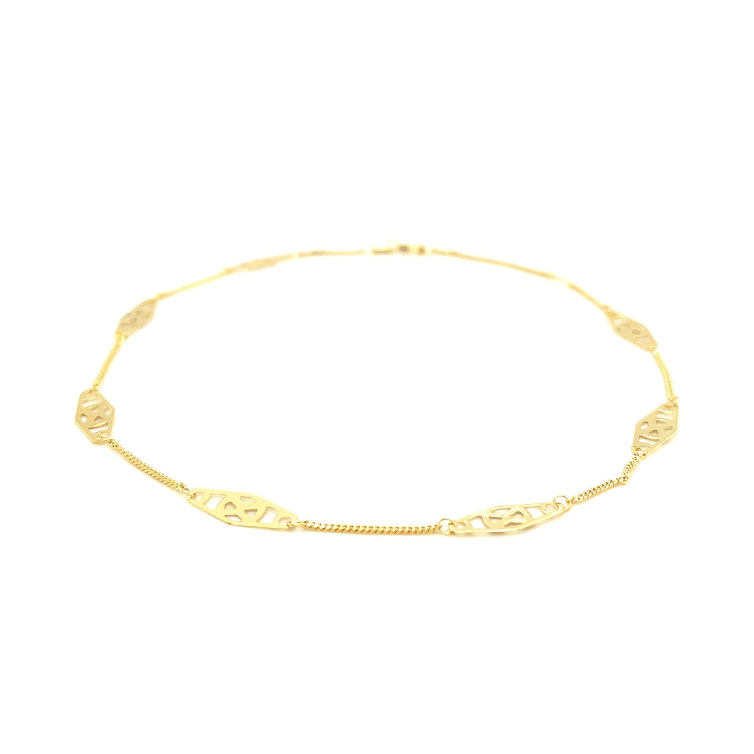 14k Yellow Gold Anklet with Fancy Diamond Shape Filigree Stations