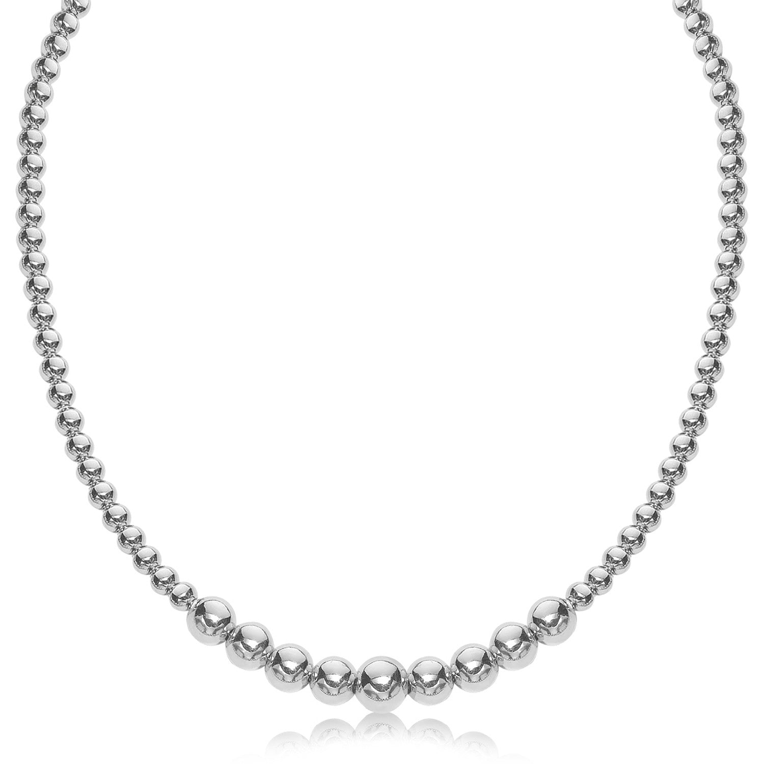 Sterling Silver Rhodium Plated Graduated Motif Polished Bead Necklace