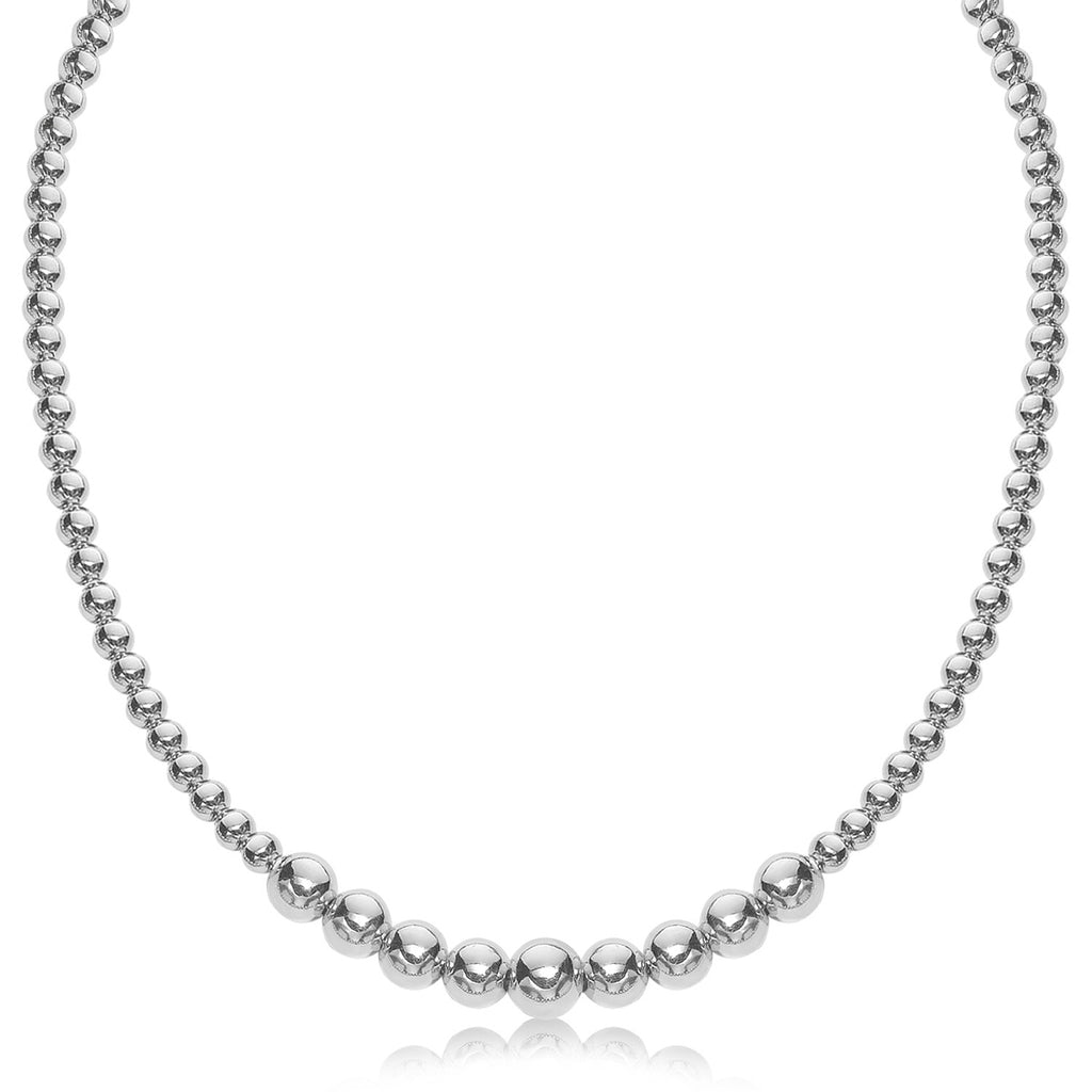 Sterling Silver Rhodium Plated Graduated Motif Polished Bead Necklace