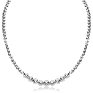 Sterling Silver Rhodium Plated Graduated Motif Polished Bead Necklace