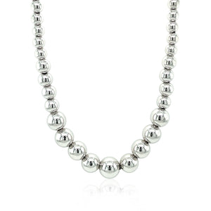 Sterling Silver Rhodium Plated Graduated Motif Polished Bead Necklace