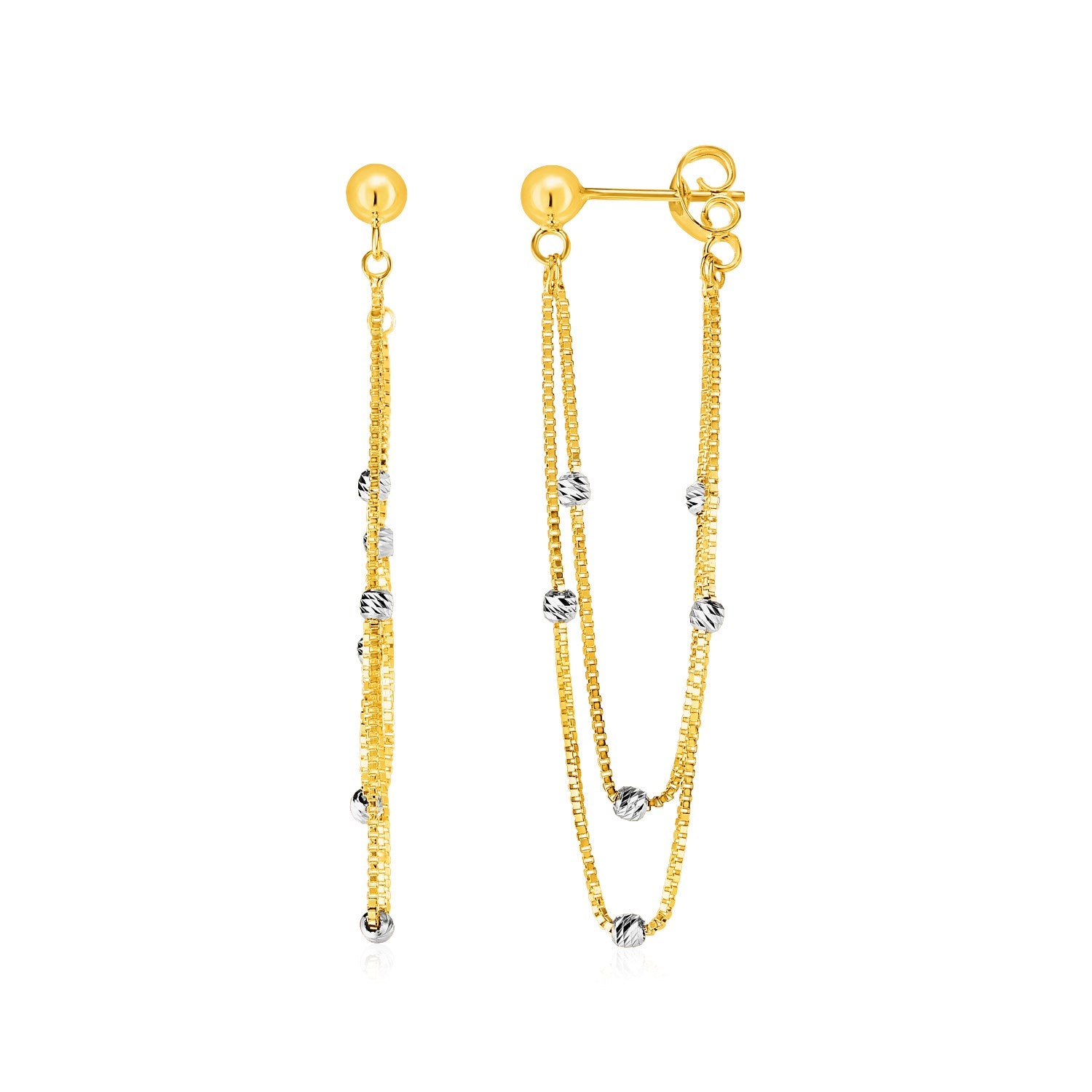 Hanging Chain Post Earrings with Bead Accents in 14k Yellow and White Gold