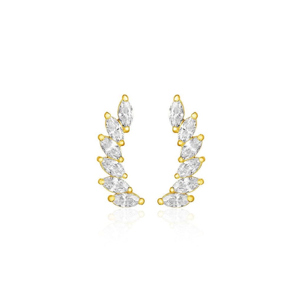 14k Yellow Gold Leaf Motif Climber Post Earrings with Marquise Cubic Zirconias