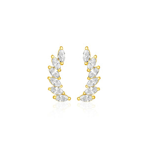 14k Yellow Gold Leaf Motif Climber Post Earrings with Marquise Cubic Zirconias