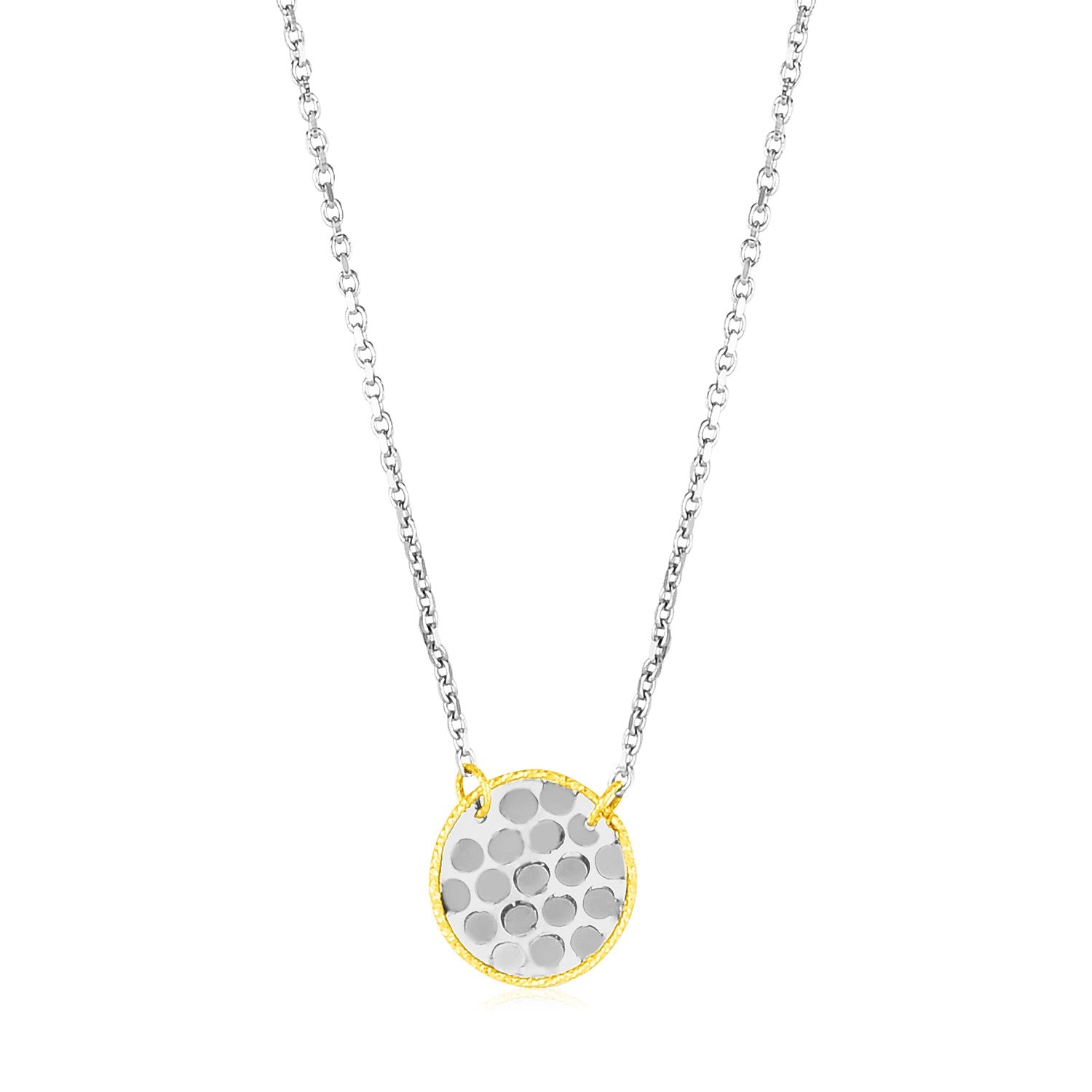 14k Two Tone Gold Textured Circle Necklace with Yellow Gold Details