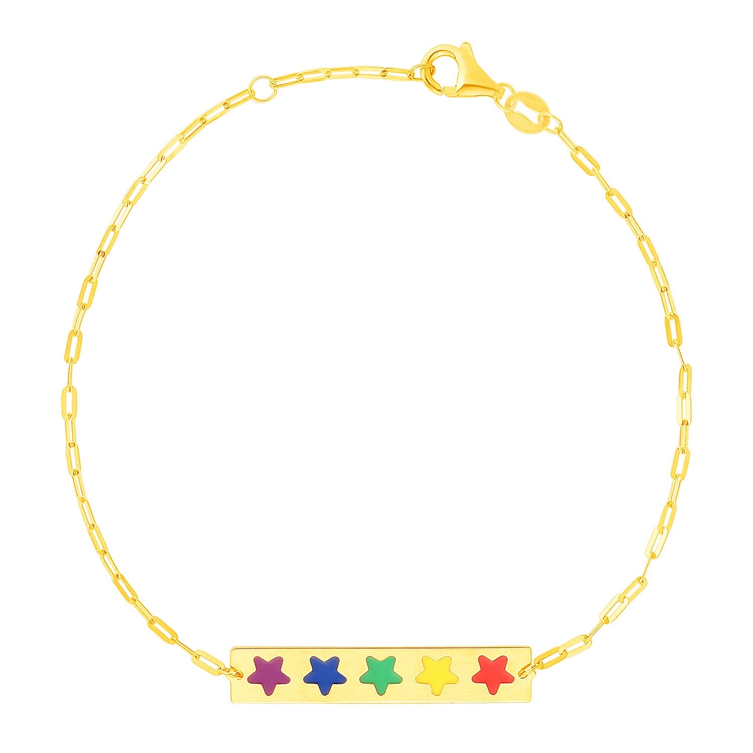 14k Yellow Gold 7 inch Bar Bracelet with Rainbow Enamel Stars