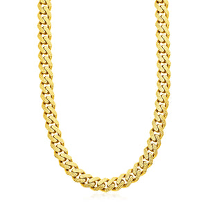 14k Yellow Gold Miami Cuban Chain Necklace with White Pave