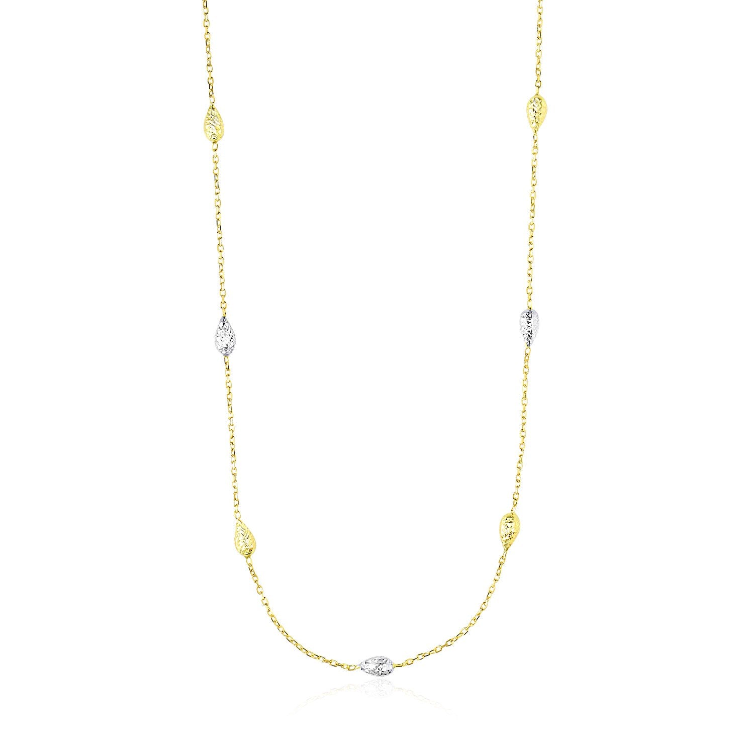 14k Two-Tone Gold Puffed Diamond Cut Teardrop Station Chain Necklace