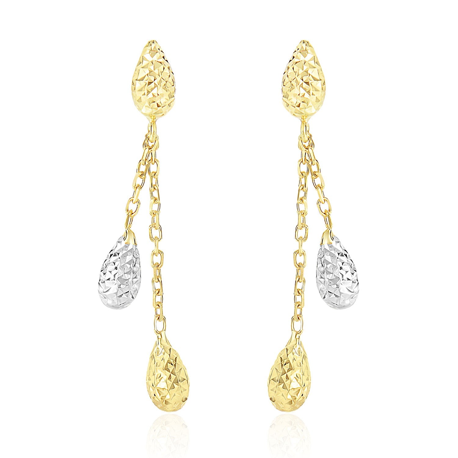 14k Two-Tone Gold Double Row Chain Earrings with Diamond Cut Teardrops